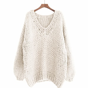 Hand knit WOOL sweater oversize woman sweater V-neck slouchy white cream sweater