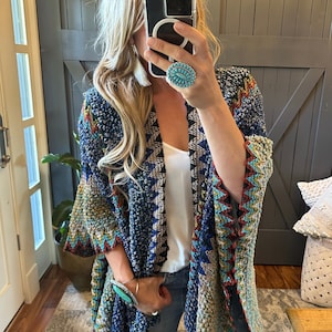 The Bohemian Loom Moroccan Knit Tasseled Handmade Poncho Cardigan Sweater by Lavender Tribe Design Crochet Blue ~ Women's Size Medium to XL