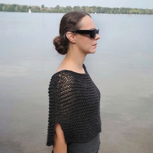 Poncho Woman Clothing Handmade Sheer Summer Poncho Short Loose Knitted Cropped Top, Hand Knit Dress Coverup with Stepped Hem/ Chanda Capelet