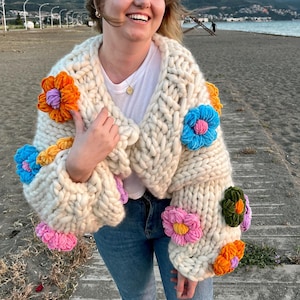 Chunky knit cardigan, Cable knit cardigan , Oversized floral cardigan, Merino wool cardigan