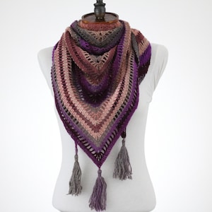 Handmade Crochet Triangle Shawl: Boho Striped Acrylic-Wool Wrap, Cozy Autumn Winter Scarf