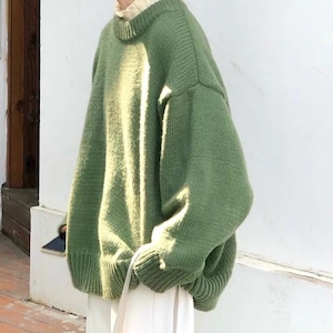 Handcrafted Vintage Green Sweater, Cozy Oversized Round Neck Knit Top for Autumn and Winter - Womens Fall Clothing, Knit Wear, Gift for Her