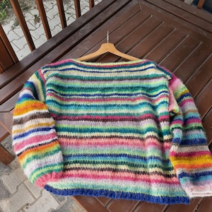 Hand-Knitted Colorful Striped Sweater: Oversized Cotton Mohair Blend