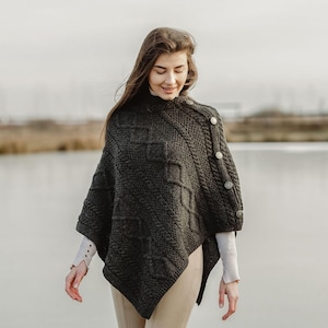 Cable Knit Cowl Neck Poncho | Merino Wool Irish Wrap | Celtic Buttoned Cape | Aran Sweater Style | Cozy Knitwear Gift