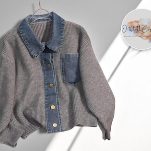 Women's Patchwork Knit Cardigan | Retro Denim Pocket Sweater | Long Sleeve Collared Outerwear | Casual Fall & Winter Top
