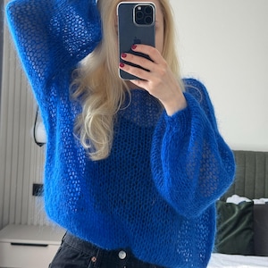 Woman knitt wool handmade mohair blue oversized sweater jumper pullover slipover gift present for wife mom her
