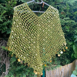 Handmade Mesh Crochet Poncho – Olive Green Gold Sequin Triangle Wrap – Boho Beach Cover Up or Elegant Shawl – Festival Outfit Layer Cape