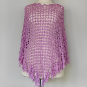 Pink Crochet Poncho: Love Knot Fringe Cotton Blend Boho Top