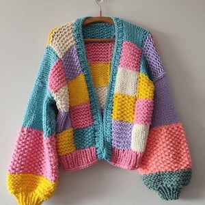 Patchwork colorful knit cardigan, handmade boho sweater, oversized cozy gifts for her patchwork pastoral coat, woman Unique clothes