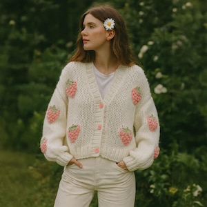 Strawberry Chunky Knit Cardigan | Cute Pink & Red 3D Strawberry Sweater | Cozy Oversized Knitwear for Women | Oversized Fruit Cardigan