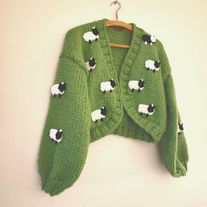 Viral cozy handmade Cardigan, green sheep handmade Sweater, oversize chunky cardigan, retro statement jumper, woman gift sweater